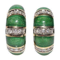 Vintage Circa 1980s 18k Gold Natural Diamond Decorated Enamel Earring