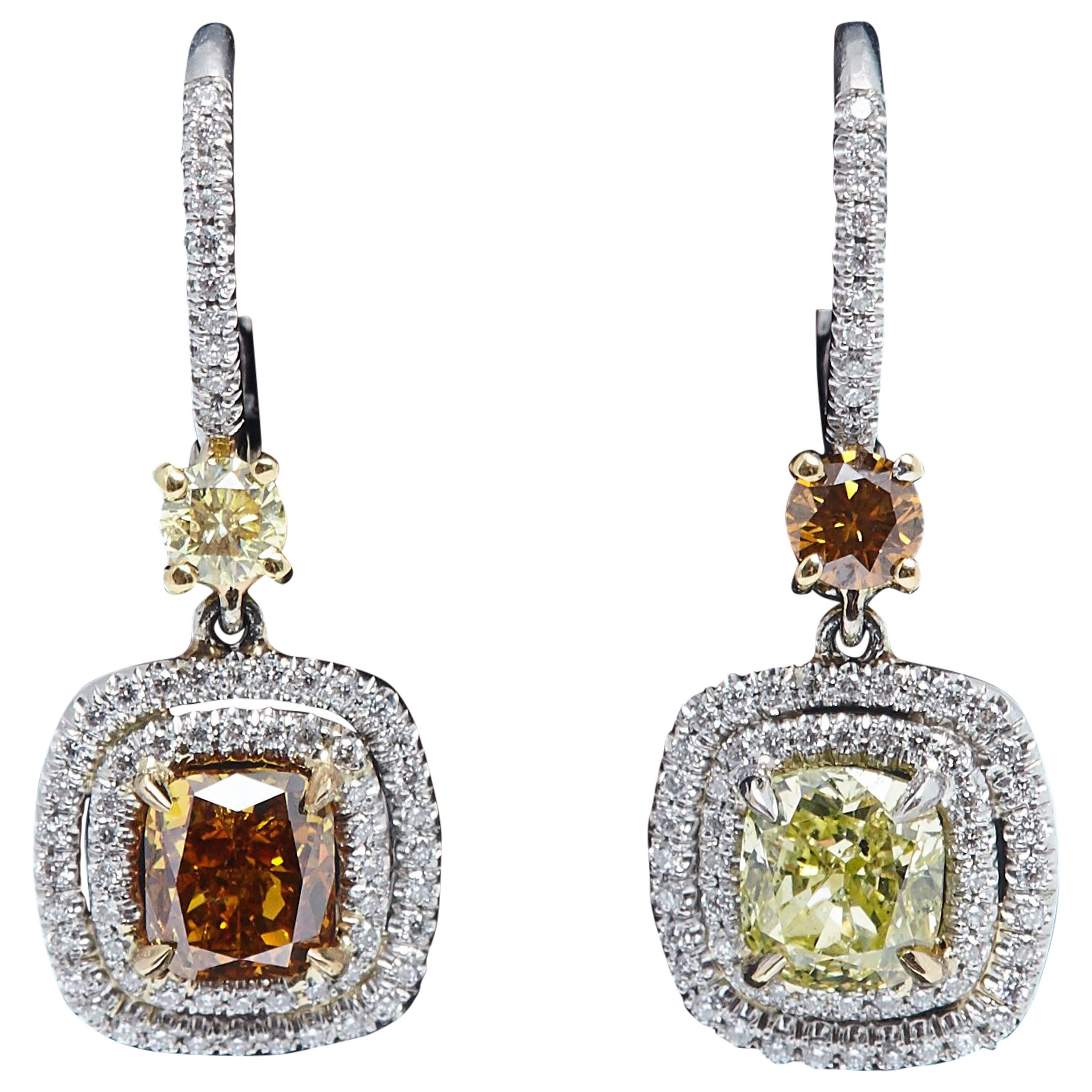 Exquisite Fancy Colored Cushion Shaped Diamonds GIA Dangling Halo Earrings For Sale