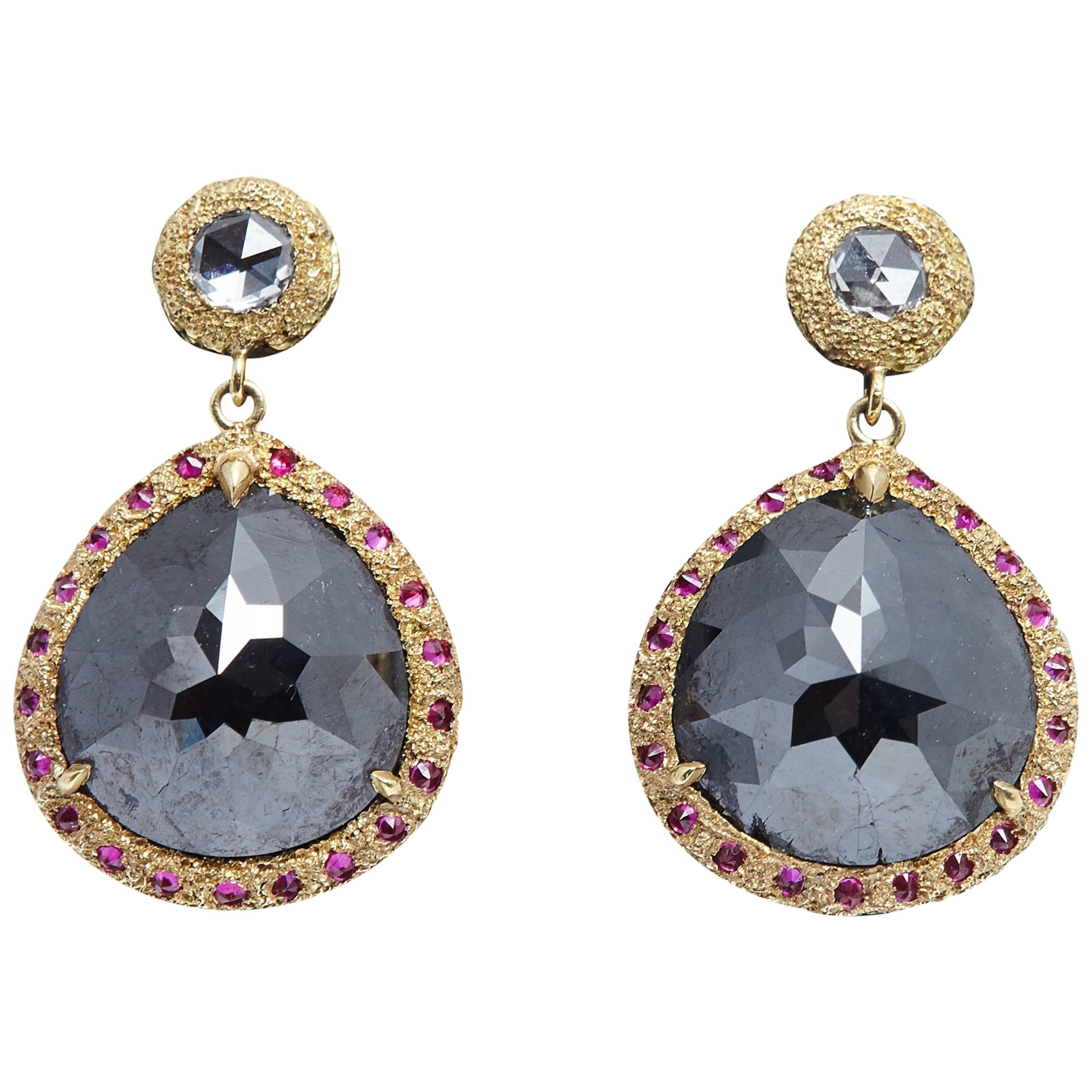 10 Carat Black Rose Cut Diamond Ruby Gold Earrings For Sale
