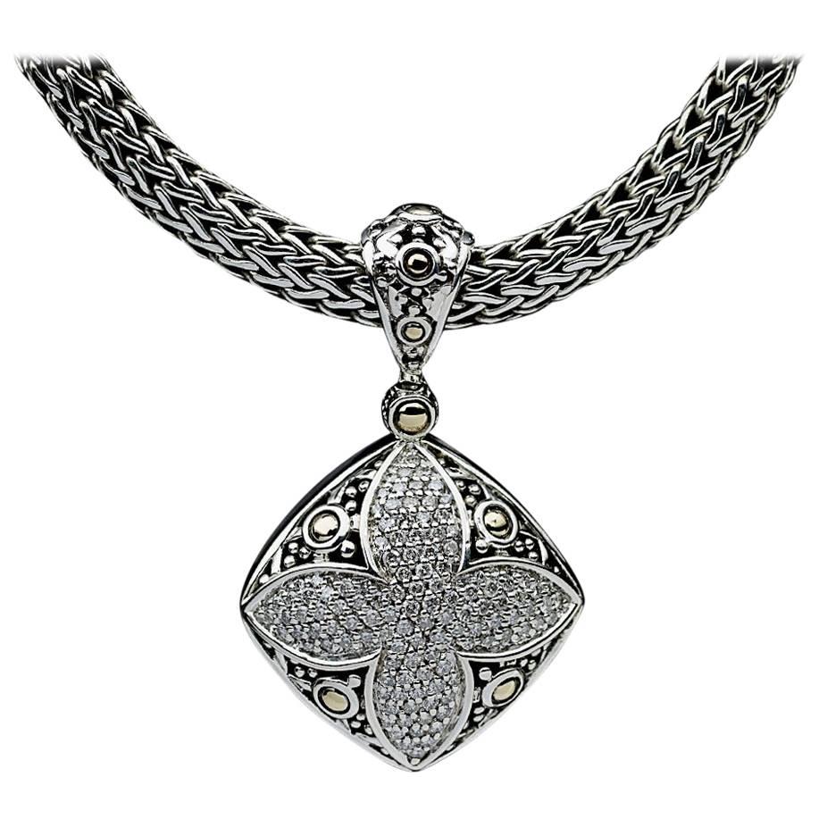 John Hardy Silver and Gold Pave Diamond Jaisalmer Dot Pendant and Chain