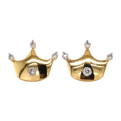 Kids Crown Diamond Stud Earrings in 14K Solid Gold (Certified)