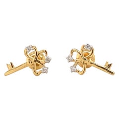 Pendientes infantiles de oro macizo de 14 quilates con diamantes en forma de llave (certificados)