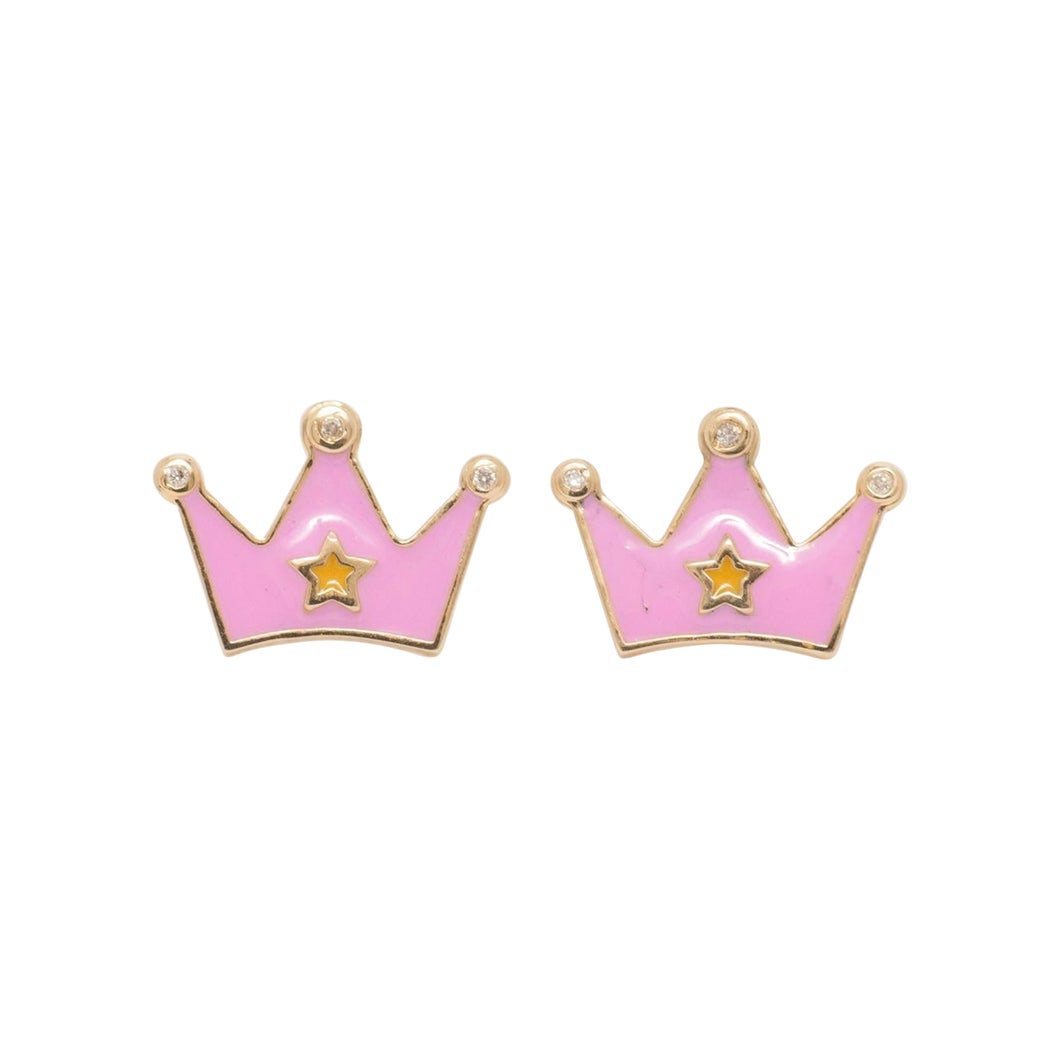 Kids Crown Diamond Stud Earrings in 14k Solid Gold (Certified)