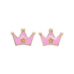 Kids Crown Diamond Stud Earrings in 14k Solid Gold (Certified)