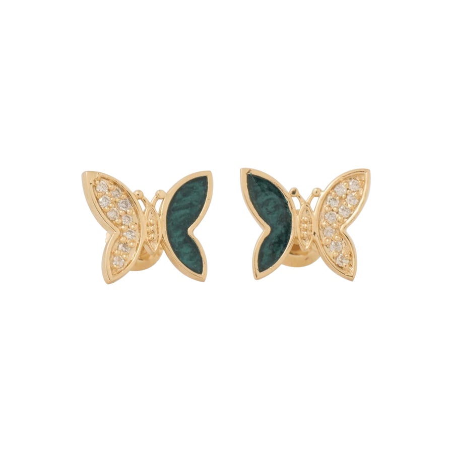 Green Enamel Butterfly Diamond Studs in 14k Solid Gold (Certified)