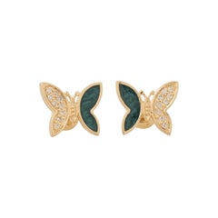 Green Enamel Butterfly Diamond Studs in 14k Solid Gold (Certified)