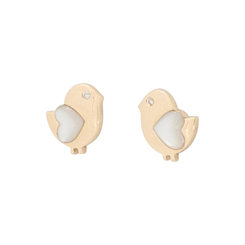 Kids Bird Mother of Pearl Diamond Studs Earrings in 4k Solid Gold (Certified) For Sale