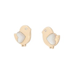 Kids Bird Mother of Pearl Diamond Studs Earrings in 4k Solid Gold (Certified)