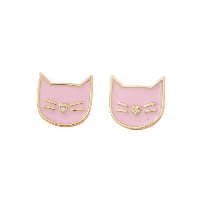 Kids Cat Diamond Stud Earrings in 14k Solid Gold (Certified)