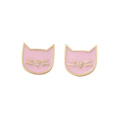 Kids Cat Diamond Stud Earrings in 14k Solid Gold (Certified)