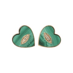 Kids Malachite Heart Diamond Earrings in 14K Solid Gold (Certified)