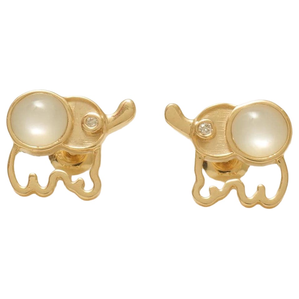 Elephant Mother of Pearl Diamond Earrings in 14K Solid Gold (Certified)