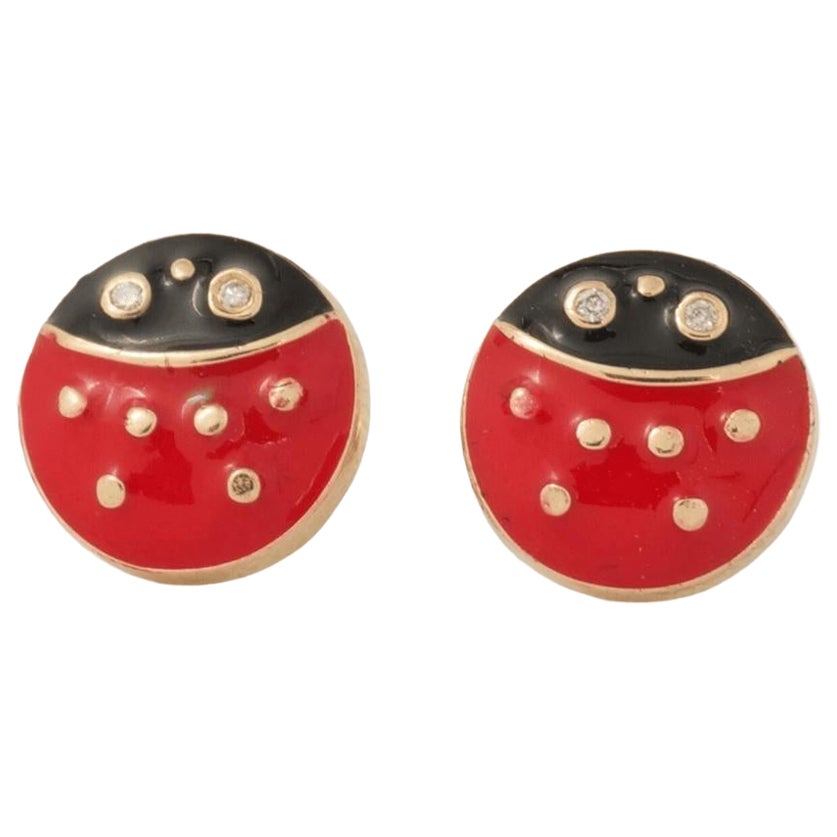 Orecchini con diamanti a forma di coccinella in oro massiccio 14K (certificati)