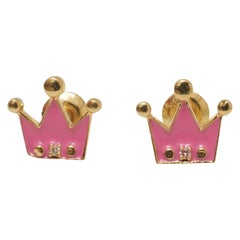 Pink Enamel Diamond Studs in 14K Solid Gold (Certified)