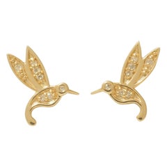 Pendientes infantiles de oro macizo de 14 quilates con diamantes colibrí (certificados)