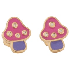 Colorful Enamel Kids Mushroom Diamond Earrings in 14K Solid Gold (Certified)