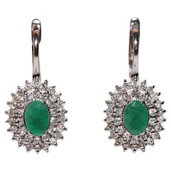 18k Gold Natural Diamond And Oval Cut Emerald Earring
