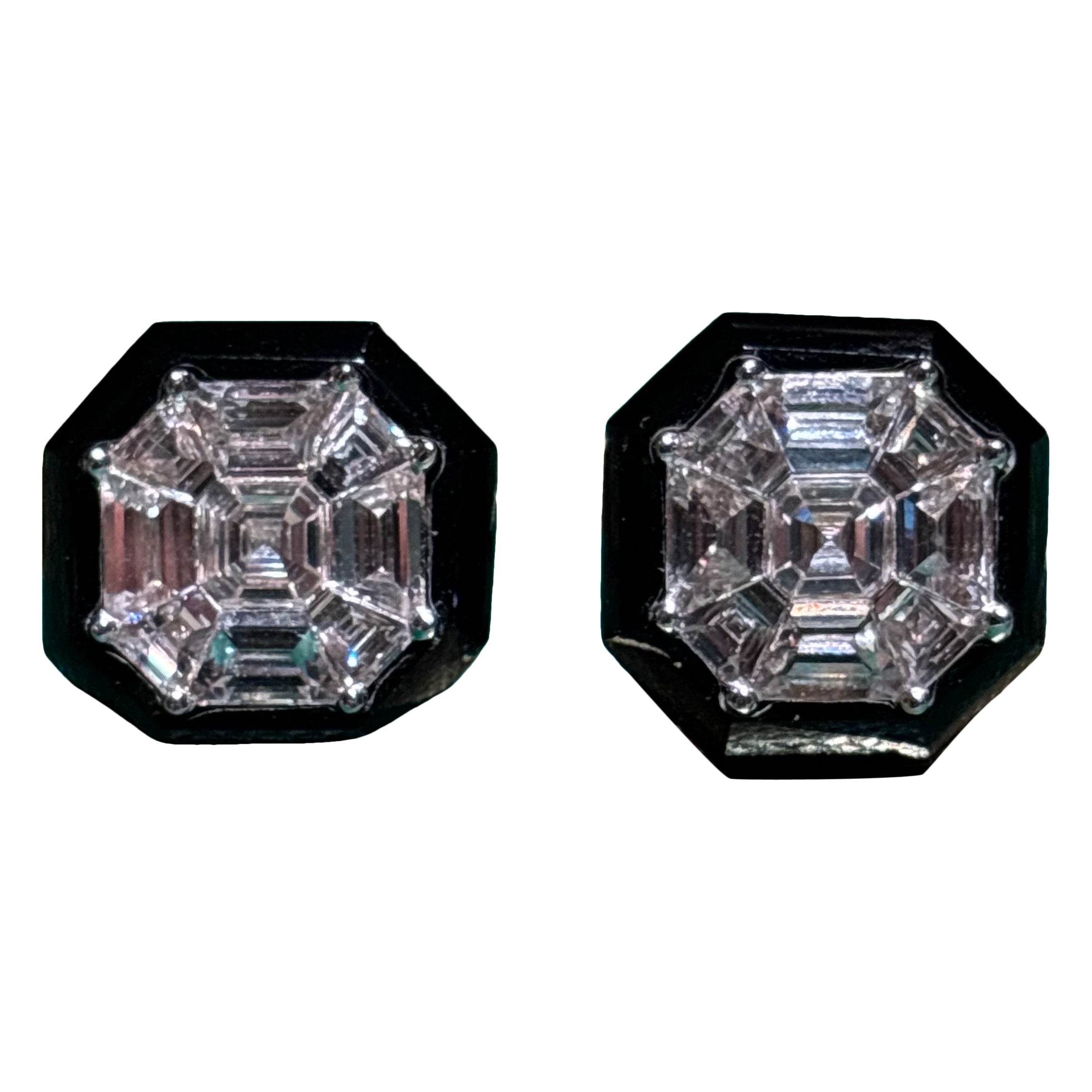 F/G Color 2.88 Carat Asscher Cut Diamond Cluster Studs with Black Onyx For Sale