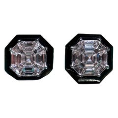Borchie a grappolo con diamanti taglio Asscher di colore F/G da 2,88 carati e onice nera