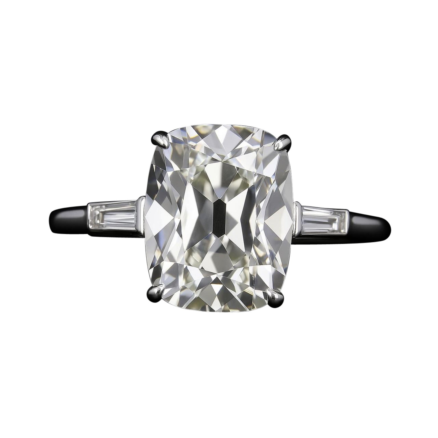 GIA Certified Old Mine Cut Diamond and Tapered Baguette Platinum Ring