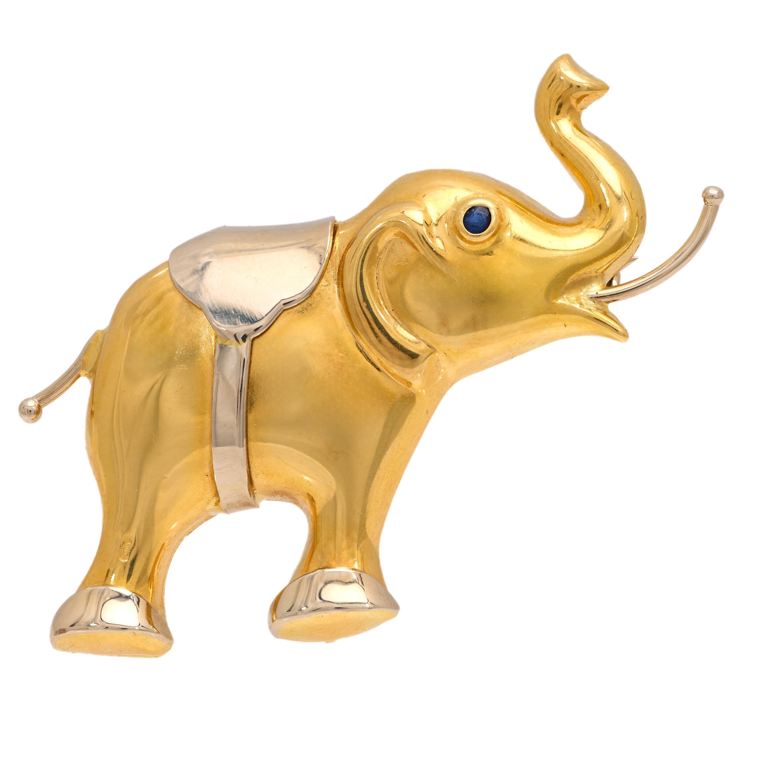 Vintage sapphire 18k yellow gold elephant brooch