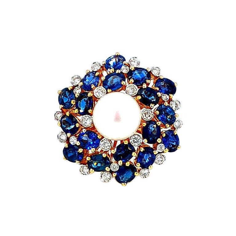 5 Carat Blue Sapphire Diamond Pearl 18K Gold Ring