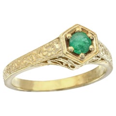 Natural Emerald Vintage Style Carved Engagement Ring in 9K Yellow Gold