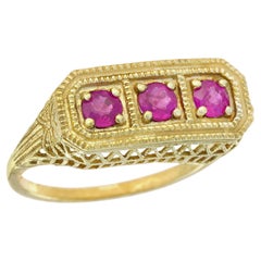 Ruby Vintage Style Filigree Three Stone Ring in 9K Solid Gold