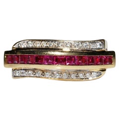 Vintage Circa 1980s 18k Gold Natural Diamond And Caliber Ruby Tank Ring
