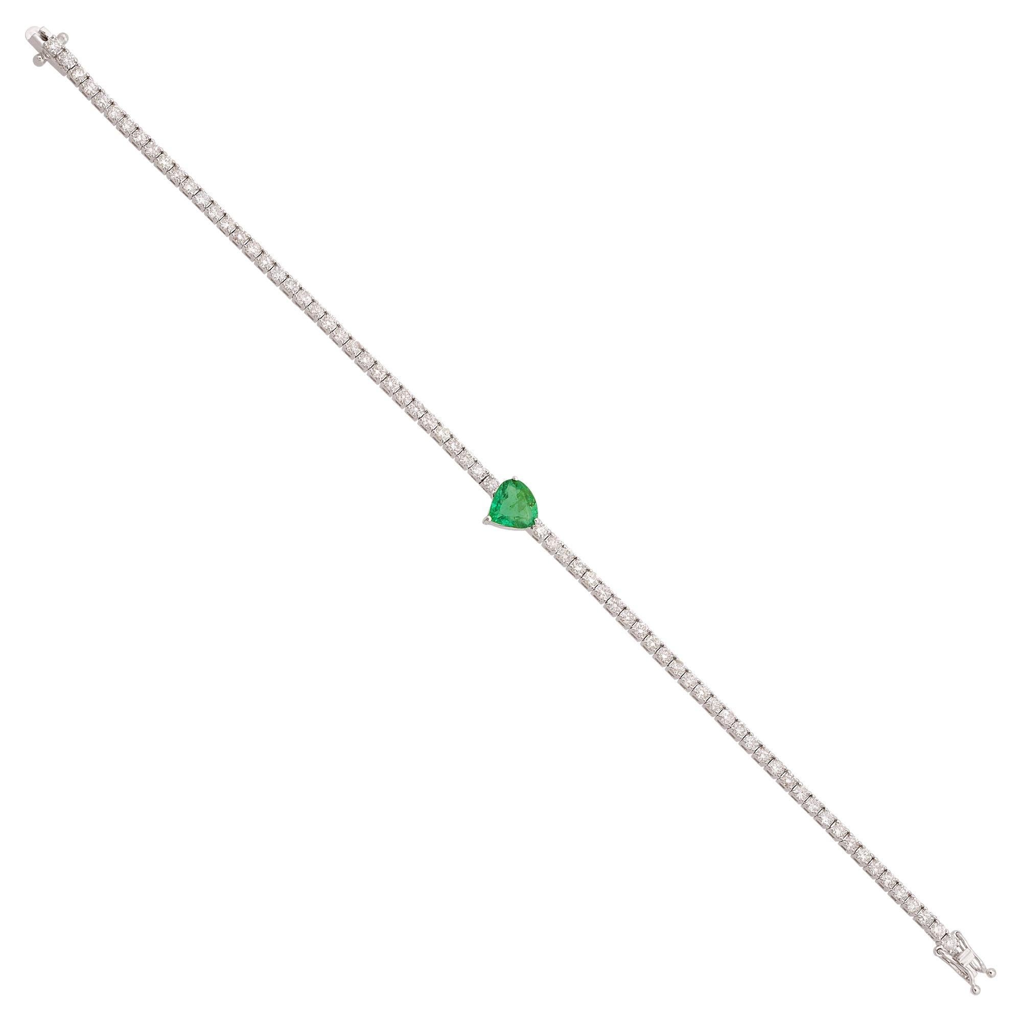 Natural Emerald Gemstone Diamond Tennis Bracelet 14k White Gold Fine Jewelry