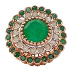 Green Stone, Emeralds, Diamonds, Rose Gold and Silver Ring.