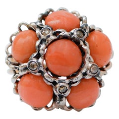 Coral, Diamonds, Rose Gold and Silver Ring.