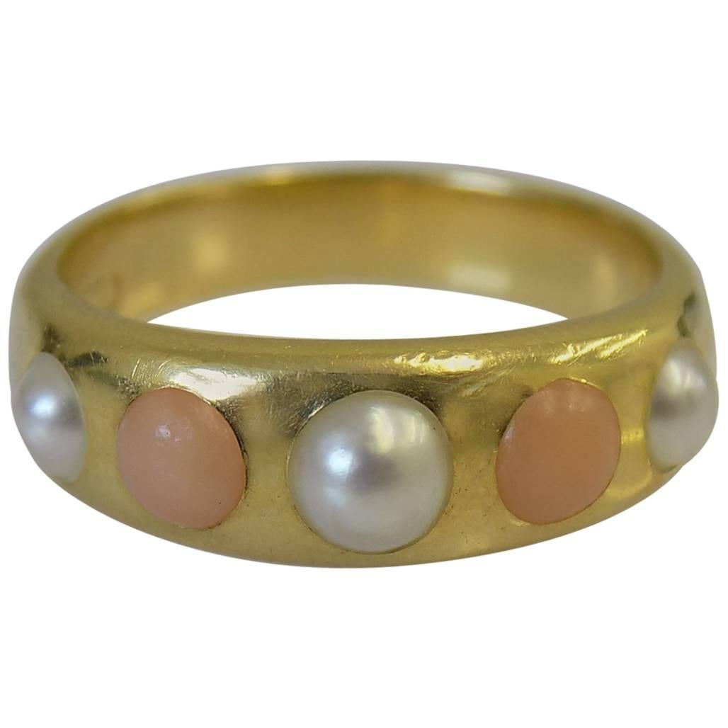 18K Coral Pearl Gold Band Ring 