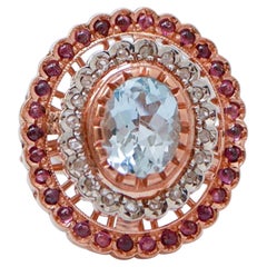 Aquamarine Colour Topaz, Garnets, Diamonds, Rose Gold and Silver Ring.
