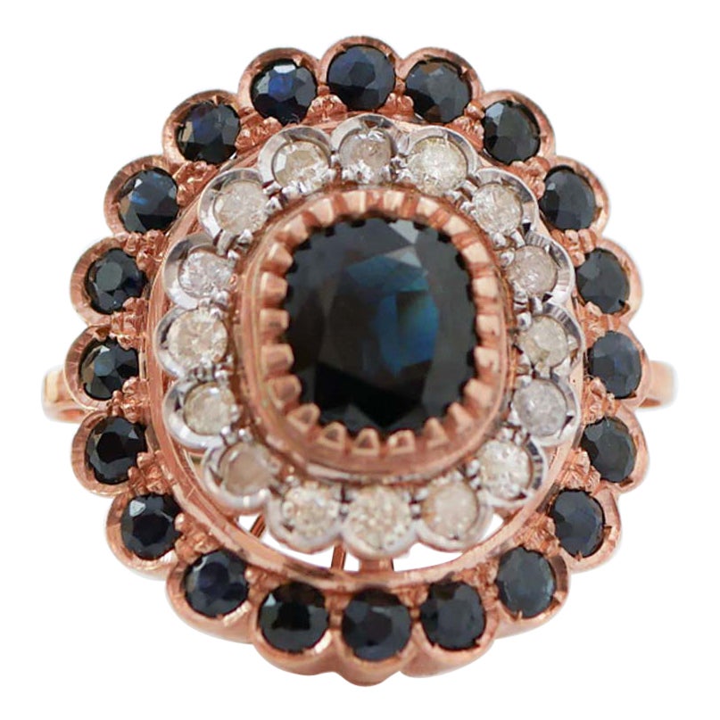 Sapphires, Diamonds, Rose Gold and Silver Ring. im Angebot