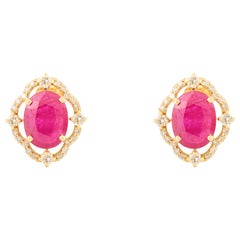 Vintage-Style Ruby and Halo Diamond 14k Yellow Gold Stud Earrings for Women