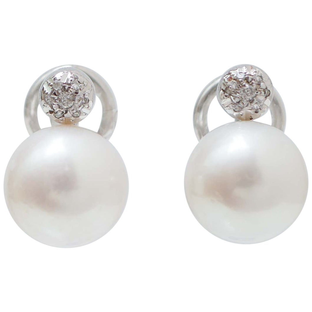 Pearls, Diamonds, 14 Karat White Gold Earrings. en venta