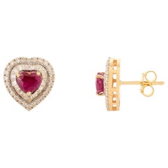 Timeless Heart Shaped Ruby & Diamond Halo Stud Earrings Made in 14k Yellow Gold