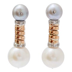 White Pearls, Grey Pearls, Diamonds, 18 Kt Gold and 14 Kt Gold Tubogas Earrings.