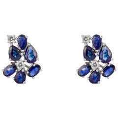 14k White Gold Blue Sapphires & Diamond Cluster Stud Earrings in Floral Design