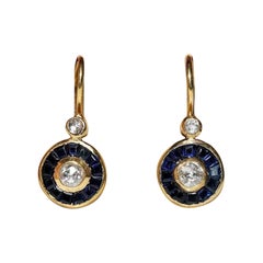Vintage Original 18K Gold Natural Rose Cut Diamond And Caliber Sapphire Earring