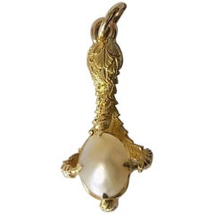 18K Antique French Natural Pearl Gold Claw Pendant Charm