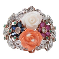 Coral, Sapphires, Rubies, Emeralds, Diamonds, Rose Gold and Silver Ring.