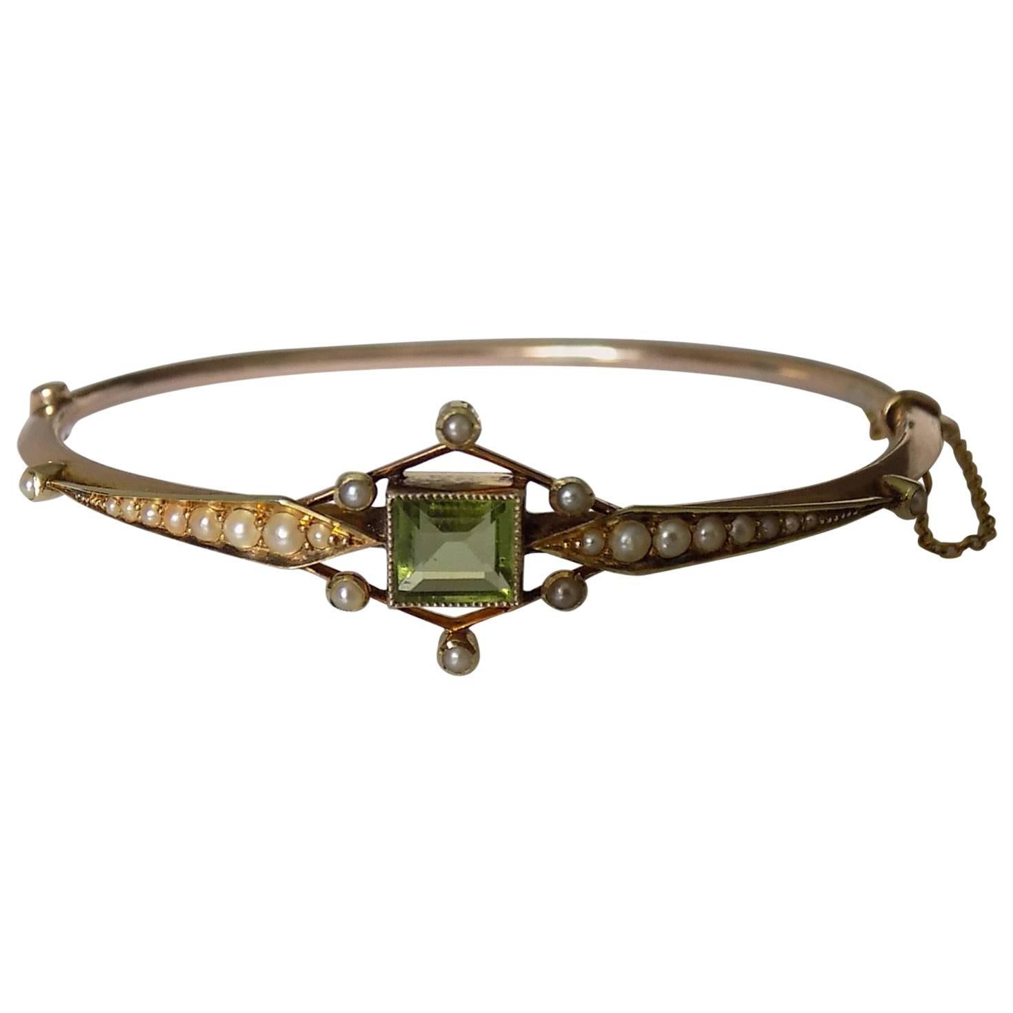 Antique Edwardian Peridot Pearl Gold Bangle Bracelet