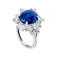 GIA Certified Ceylon Cabochon Cut Oval Blue Sapphire and Diamond Star Ring
