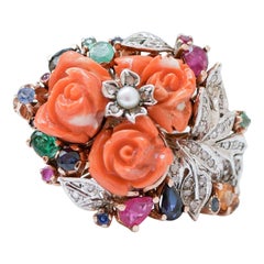 Coral, Emeralds, Rubies, Sapphires, Diamonds, Pearl, Rose Gold And Silver Ring.