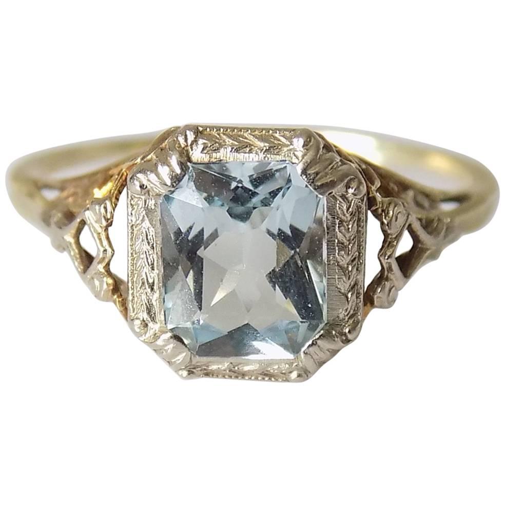 Art Deco Gold Aqua Crystal Solitaire Ring