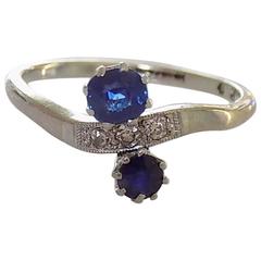 Art Deco Sapphire Diamond White Gold You and Me Ring 2