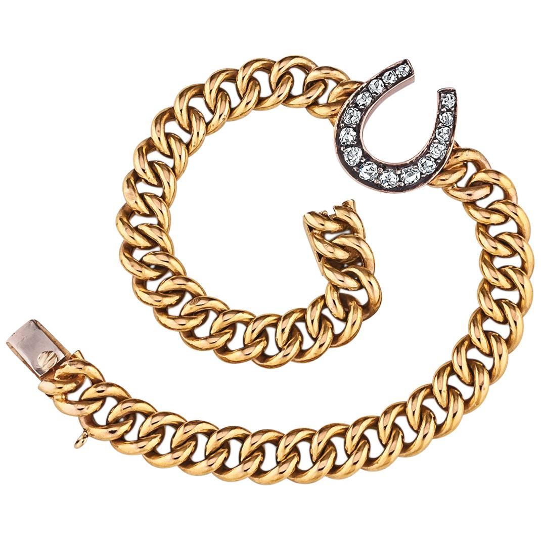 Edwardian Diamond Gold Lucky Horseshoe Link Bracelet