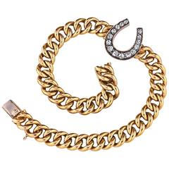 Antique Edwardian Diamond Gold Lucky Horseshoe Link Bracelet